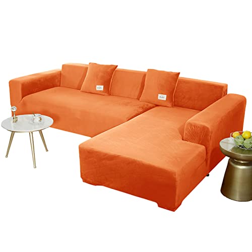 JHLD Sofabezug L Form, Stretch Sofabezug Samt L-förmiger Sofabezug Weiche Anti-rutsch Sofa Überwürfe Für Ecksofa-Orange-2 Sitzer+3 Sitzer von JHLD