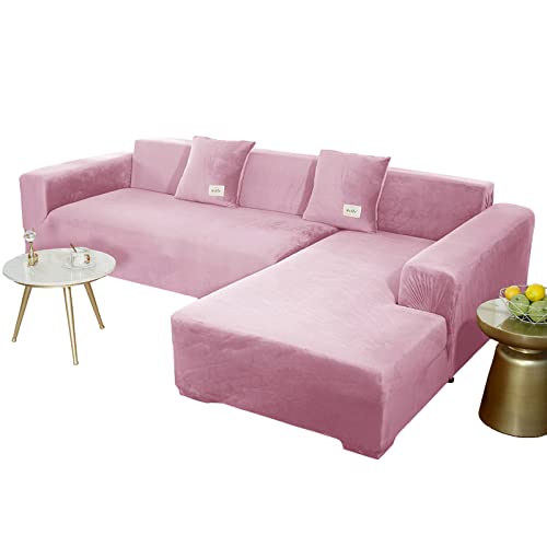 JHLD Sofabezug L Form, Stretch Sofabezug Samt L-förmiger Sofabezug Weiche Anti-rutsch Sofa Überwürfe Für Ecksofa-Rosa-3 Sitzer+3 Sitzer von JHLD