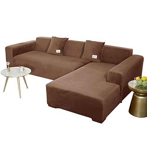 JHLD Sofabezug L Form, Stretch Sofabezug Samt L-förmiger Sofabezug Weiche Anti-rutsch Sofa Überwürfe Für Ecksofa-Tiefer Kaffee-3 Sitzer+3 Sitzer von JHLD