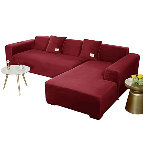 JHLD Sofabezug L Form, Stretch Sofabezug Samt L-förmiger Sofabezug Weiche Anti-rutsch Sofa Überwürfe Für Ecksofa-Weinrot-2 Sitzer+2 Sitzer von JHLD