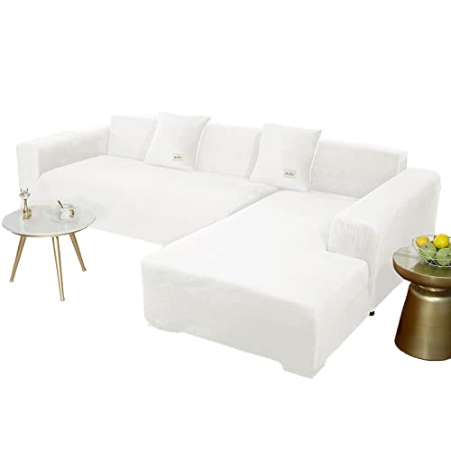 JHLD Sofabezug L Form, Stretch Sofabezug Samt L-förmiger Sofabezug Weiche Anti-rutsch Sofa Überwürfe Für Ecksofa-Weiß-2 Sitzer+2 Sitzer von JHLD