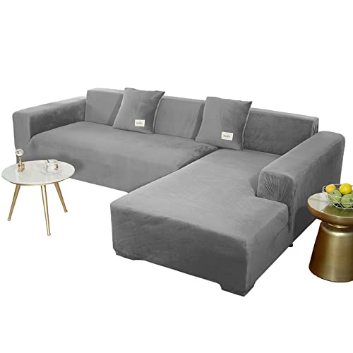 JHLD Sofabezug L Form, Stretch Sofabezug Samt L-förmiger Sofabezug Weiche Anti-rutsch Sofa Überwürfe Für Ecksofa-grau-2 Sitzer+2 Sitzer von JHLD
