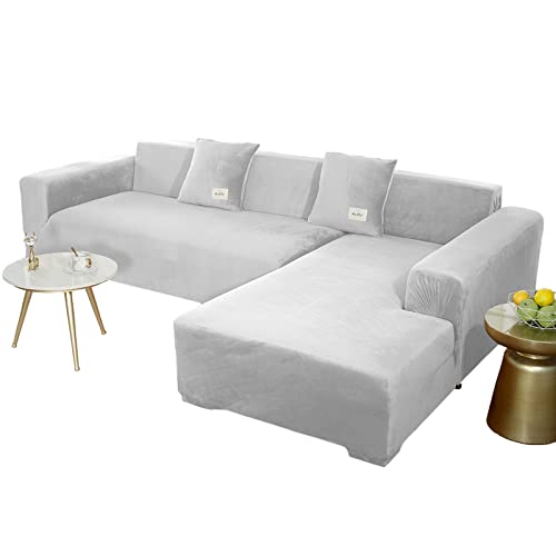 JHLD Sofabezug L Form, Stretch Sofabezug Samt L-förmiger Sofabezug Weiche Anti-rutsch Sofa Überwürfe Für Ecksofa-hellgrau-3 Sitzer+4 Sitzer von JHLD