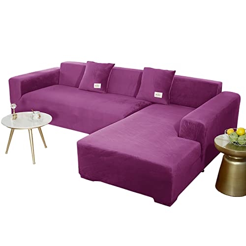 JHLD Sofabezug L Form, Stretch Sofabezug Samt L-förmiger Sofabezug Weiche Anti-rutsch Sofa Überwürfe Für Ecksofa-lila-3 Sitzer+4 Sitzer von JHLD