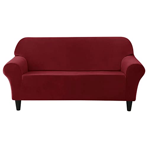 JHLD Sofabezug Stretch, 1 Stück Sofahusse Für 2 Sitzer Samt Weiche Sofa Überwürfe Mit Elastischem Boden Anti-rutsch Sofa Abdeckung Für Hunde Katzen-Weinrot-medium von JHLD