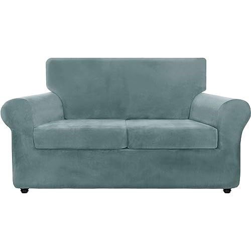 JHLD Stretch Sofabezug 2 Sitzer, Samt Sofahusse Elastische Couchbezug Sofa Überwürfe Anti-rutsch Sofa Abdeckung Mit elastischem Boden-grau Blau-Mittel von JHLD