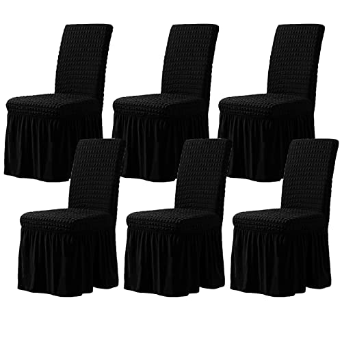 JHLD Stretch Stuhlhussen, Seersucker Stuhlbezug Weiche Mit Rock Stuhlhusse Beschützer Stuhlhussen Für Hotel Home Kitchen Party-schwarz-Satz von 6 von JHLD