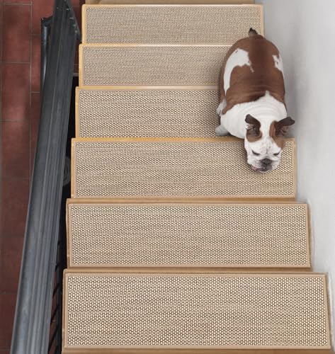 JHLGRE Treppenstufen Matten, 20 cm x 76 cm 15pcs, Teppich für Treppenstufen, Treppenteppich Selbstklebend, Antirutsch Treppen Treppenstufen, Innen, Beige von JHLGRE