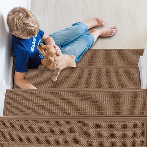 JHLGRE Treppenstufen Matten, 20 cm x 76 cm, 4 Stück, Teppich für Treppenstufen, Treppenteppich Selbstklebend, Antirutsch Treppen Treppenstufen, Innen, Braun von JHLGRE