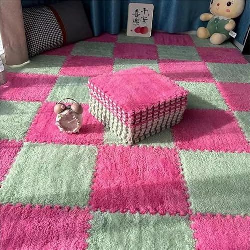 JHOMHF 12-teilige Patchwork-Schaumstoff-Teppiche, weich, flauschig, Plüsch, strukturierte Bodenmatten für Kinder und Heimdekoration (Minzgrün + Rosenrot) von JHOMHF