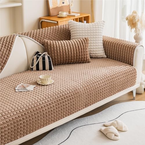 JHOMHF 3D Karo Jacquard Couchbezug superweicher Flanell Plüsch Sofabezug Rutschfester Möbelschutz for Hunde Katzen und Haustiere waschbar(Coffee,1pc/43"x70"/Rectangular) von JHOMHF