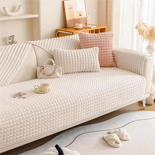 JHOMHF 3D Karo Jacquard Couchbezug superweicher Flanell Plüsch Sofabezug Rutschfester Möbelschutz for Hunde Katzen und Haustiere waschbar(Cream,1pc/36''x63''/Rectangular) von JHOMHF
