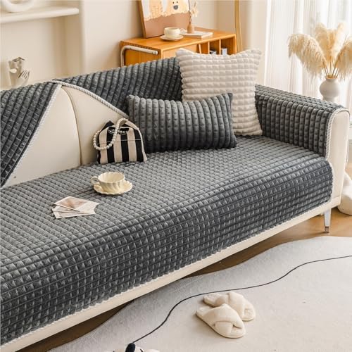 JHOMHF 3D Karo Jacquard Couchbezug superweicher Flanell Plüsch Sofabezug Rutschfester Möbelschutz for Hunde Katzen und Haustiere waschbar(Dark Grey,1pc/28"x70"/Rectangular) von JHOMHF