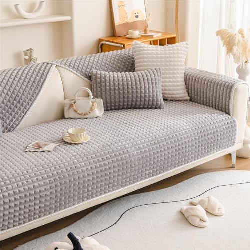 JHOMHF 3D Karo Jacquard Couchbezug superweicher Flanell Plüsch Sofabezug Rutschfester Möbelschutz for Hunde Katzen und Haustiere waschbar(Light Grey,1pc/43"x82"/Rectangular) von JHOMHF