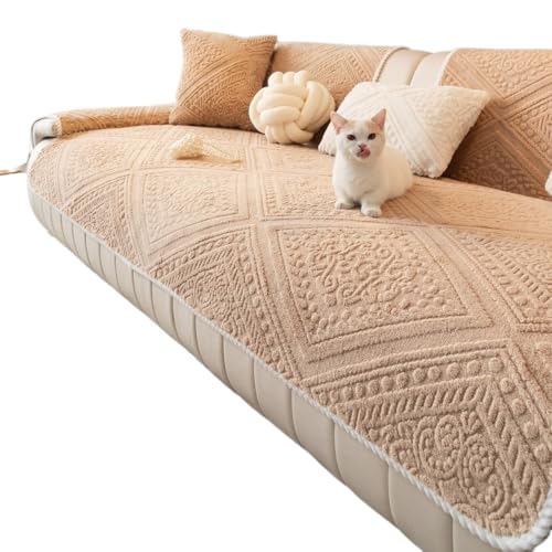 JHOMHF Boho Plüsch Geometrischer Jacquard Sofabezug Flauschiger Waschbarer Couchschutz for Kinder Weicher Rutschfester Sofabezug mit Gemütlicher Textur(Camel,28"x70") von JHOMHF