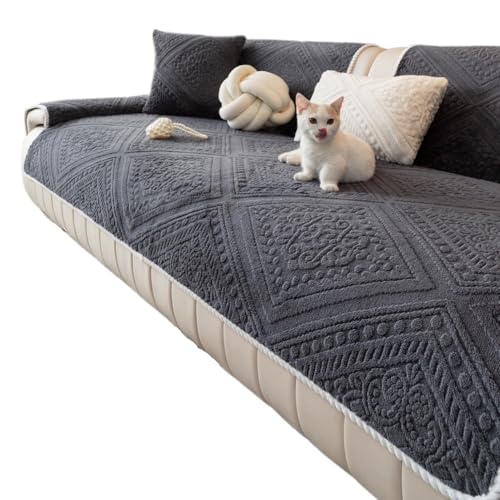 JHOMHF Boho Plüsch Geometrischer Jacquard Sofabezug Flauschiger Waschbarer Couchschutz for Kinder Weicher Rutschfester Sofabezug mit Gemütlicher Textur(Dark Grey,28"x28") von JHOMHF