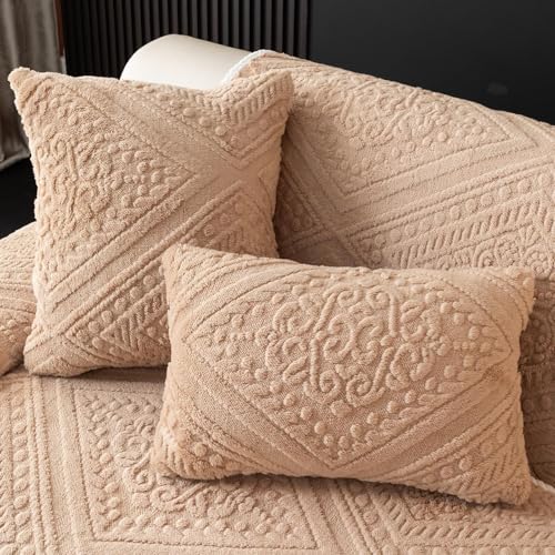 JHOMHF Boho Plüsch Geometrischer Jacquard Sofabezug Rutschfester waschbarer weicher Couchbezug Haustierfreundlicher kindersicherer Möbelschutz for Sektionssofas(Camel,18" x 18" Pillow Coat) von JHOMHF