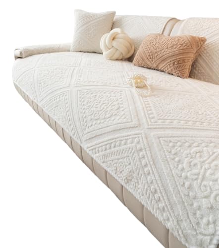 JHOMHF Boho Plüsch Geometrischer Jacquard Sofabezug Rutschfester waschbarer weicher Couchbezug Haustierfreundlicher kindersicherer Möbelschutz for Sektionssofas(Cream,1pc/43"x70") von JHOMHF