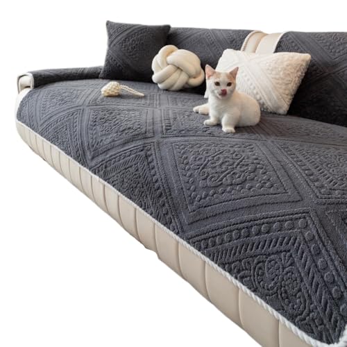 JHOMHF Boho Plüsch Geometrischer Jacquard Sofabezug Rutschfester waschbarer weicher Couchbezug Haustierfreundlicher kindersicherer Möbelschutz for Sektionssofas(Dark Grey,1pc/43"x70") von JHOMHF