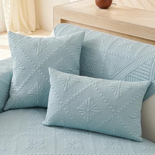 JHOMHF Boho-Sofabezug aus Baumwolle gesteppt waschbar weich rutschfest mit floraler Stickerei Möbelschutz(Blue,18" x 18") von JHOMHF