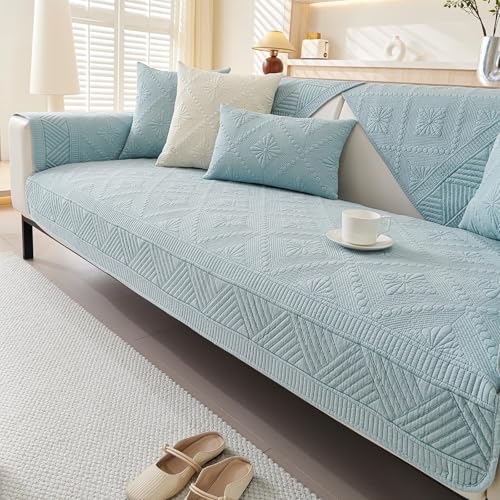 JHOMHF Boho-Sofabezug aus Baumwolle gesteppt waschbar weich rutschfest mit floraler Stickerei Möbelschutz(Blue,1pc/36''x82''/Rectangular) von JHOMHF