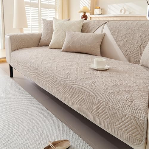 JHOMHF Boho-Sofabezug aus Baumwolle gesteppt waschbar weich rutschfest mit floraler Stickerei Möbelschutz(Coffee,1pc/43"x94"/Rectangular) von JHOMHF