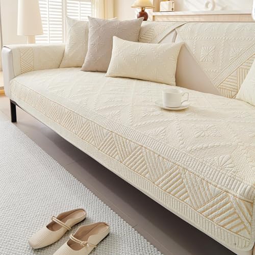 JHOMHF Boho-Sofabezug aus Baumwolle gesteppt waschbar weich rutschfest mit floraler Stickerei Möbelschutz(Cream,1pc/28"x70"/Rectangular) von JHOMHF