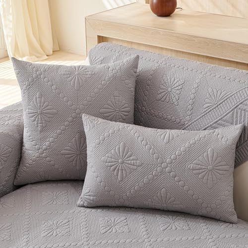 JHOMHF Boho-Sofabezug aus Baumwolle gesteppt waschbar weich rutschfest mit floraler Stickerei Möbelschutz(Grey,18" x 18") von JHOMHF