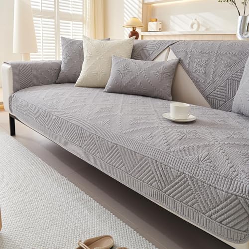 JHOMHF Boho-Sofabezug aus Baumwolle gesteppt waschbar weich rutschfest mit floraler Stickerei Möbelschutz(Grey,1pc/43"x94"/Rectangular) von JHOMHF