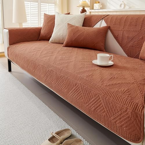 JHOMHF Boho-Sofabezug aus Baumwolle gesteppt waschbar weich rutschfest mit floraler Stickerei Möbelschutz(Orange,1pc/36''x63''/Rectangular) von JHOMHF