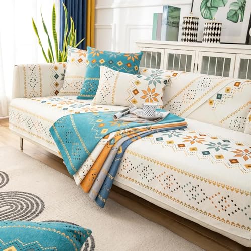 JHOMHF Chenille Möbelschutz Sofabezug Jacquard Sofabezug im ethnischen Stil Moderne und einfache rutschfeste Sofakissen for alle Jahreszeiten(Beige,27.5 * 59in) von JHOMHF