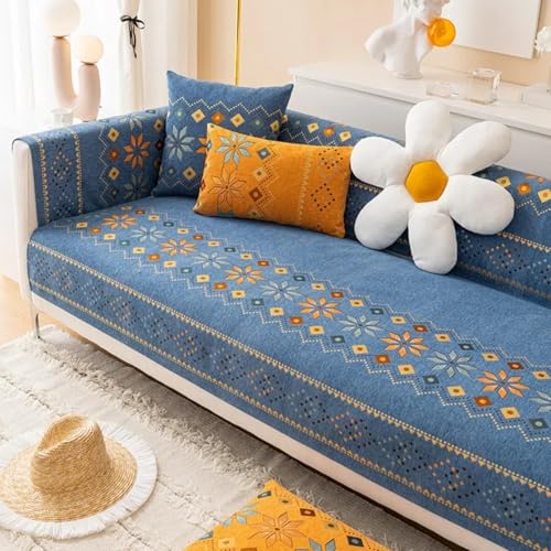 JHOMHF Chenille Möbelschutz Sofabezug Jacquard Sofabezug im ethnischen Stil Moderne und einfache rutschfeste Sofakissen for alle Jahreszeiten(Blue,35.5 * 70.9in) von JHOMHF