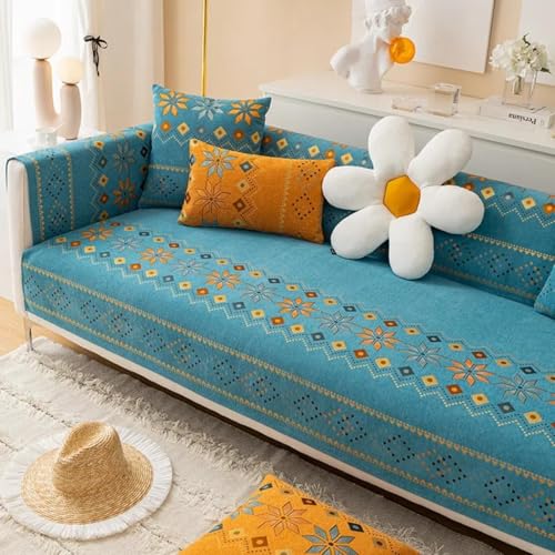JHOMHF Chenille Möbelschutz Sofabezug Jacquard Sofabezug im ethnischen Stil Moderne und einfache rutschfeste Sofakissen for alle Jahreszeiten(Green,35.5 * 27.5in) von JHOMHF