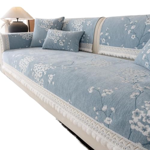 JHOMHF Chenille Sofabezug mit Blumenmuster waschbar rutschfest for Haustiere Couchschutz süße Möbelmatte for Kinder Sofakissenbezug Schonbezug(Pattern2# Blue,110 * 180cm) von JHOMHF