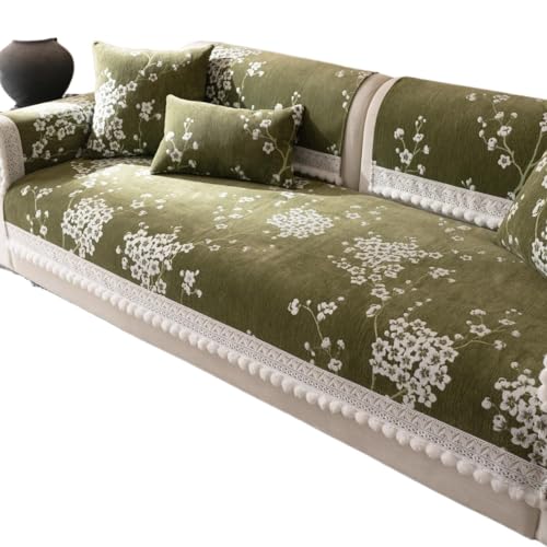 JHOMHF Chenille Sofabezug mit Blumenmuster waschbar rutschfest for Haustiere Couchschutz süße Möbelmatte for Kinder Sofakissenbezug Schonbezug(Pattern2# Green,110 * 160cm) von JHOMHF