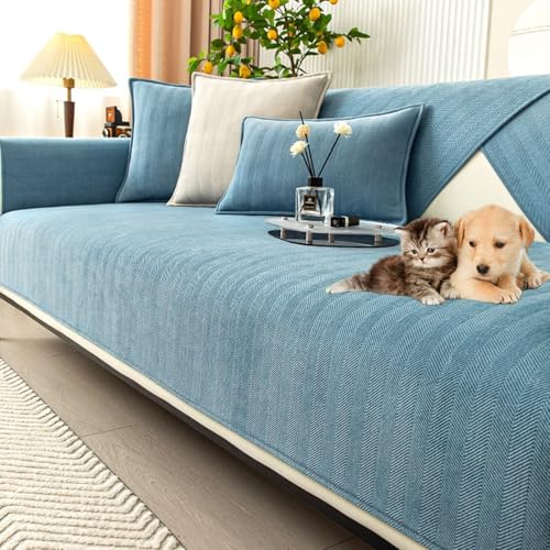 JHOMHF Chenille-Sofabezug mit Fischgrätenmuster rutschfest waschbar hochelastisch Couch Schonbezug Möbelschutz for den Einsatz im Wohnzimmer(Blue,70 * 180cm/27.6 * 70.9in) von JHOMHF