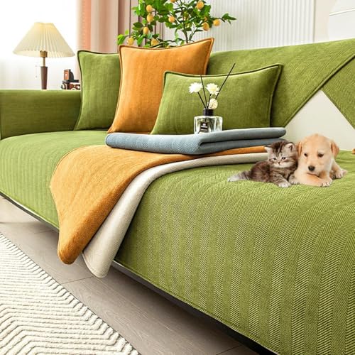 JHOMHF Chenille-Sofabezug mit Fischgrätenmuster rutschfest waschbar hochelastisch Couch Schonbezug Möbelschutz for den Einsatz im Wohnzimmer(Green,90 * 120cm/35.4 * 47.2in) von JHOMHF