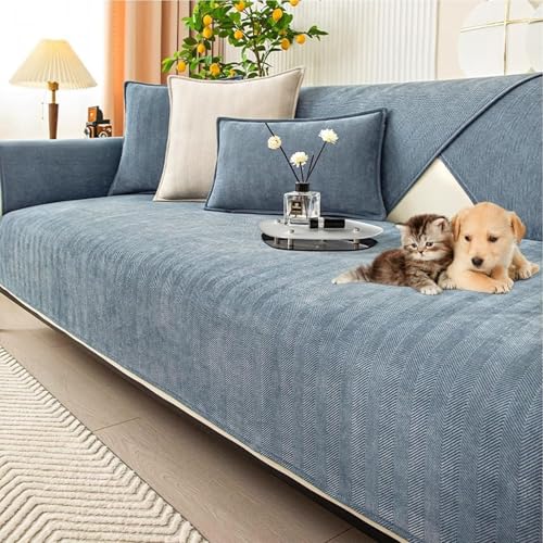 JHOMHF Chenille-Sofabezug mit Fischgrätenmuster rutschfest waschbar hochelastisch Couch Schonbezug Möbelschutz for den Einsatz im Wohnzimmer(Light Blue,110 * 160cm/43.3 * 63in) von JHOMHF