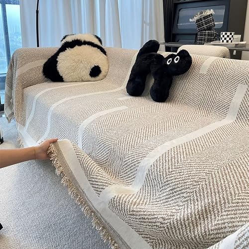 JHOMHF Chenille Sofabezug mit Fischgrätenmuster und Fransen weicher atmungsaktiver Sofaschutz Ganzjahres Möbelüberwurf for das Wohnzimmer(Coffee,70.9 x 165.3 in) von JHOMHF