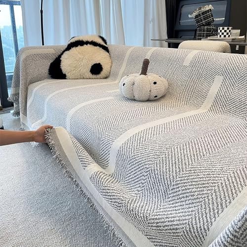 JHOMHF Chenille Sofabezug mit Fischgrätenmuster und Fransen weicher atmungsaktiver Sofaschutz Ganzjahres Möbelüberwurf for das Wohnzimmer(Grey,70.9 x 165.3 in) von JHOMHF