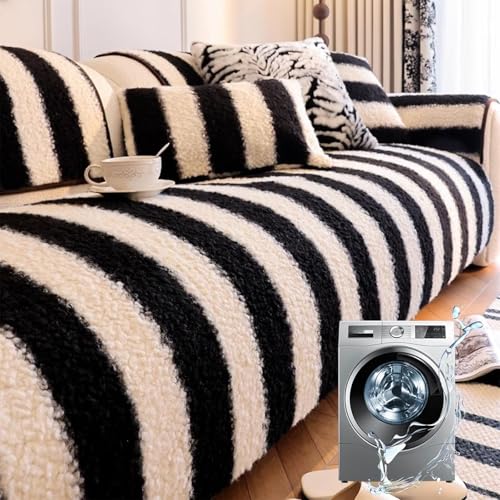 JHOMHF Couchbezug aus Kunstlammwolle gestreift Farbblock waschbar rutschfest weicher Rutschfester Möbelschutz for Wohnzimmer und Schlafzimmer(Black,70 * 120cm/27.5 * 47.2in) von JHOMHF