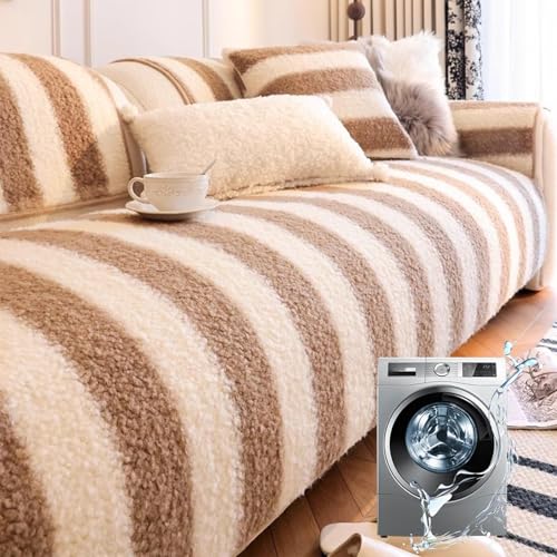 JHOMHF Couchbezug aus Kunstlammwolle gestreift Farbblock waschbar rutschfest weicher Rutschfester Möbelschutz for Wohnzimmer und Schlafzimmer(Brown,70 * 120cm/27.5 * 47.2in) von JHOMHF