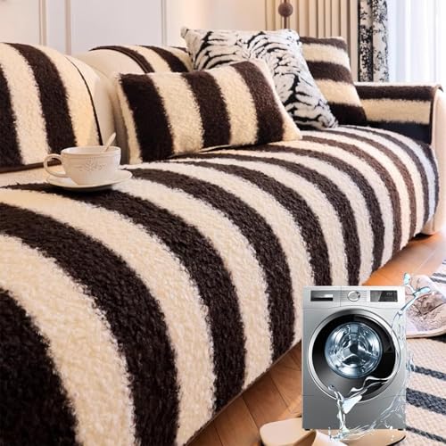 JHOMHF Couchbezug aus Kunstlammwolle gestreift Farbblock waschbar rutschfest weicher Rutschfester Möbelschutz for Wohnzimmer und Schlafzimmer(Coffee,70 * 150cm/27.5 * 59in) von JHOMHF