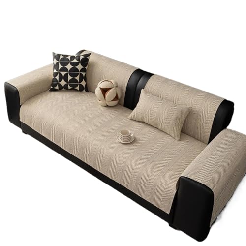 JHOMHF Couchbezug aus Kunstleinen mit Fischgrätenmuster atmungsaktiv for alle Jahreszeiten Sofaschutz einfaches gestreiftes Design Kratzfest Bezug for Wohnzimmermöbel(Beige,90 * 90cm/35.4 * 35.4in) von JHOMHF