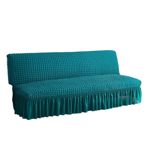 JHOMHF Dehnbarer Sofabezug ohne Armlehnen mit Rockdesign for faltbares Futon Schlafsofa Dicker weicher Stoff kratzfester Sofa Möbelschutz(Dark Blue,Medium) von JHOMHF