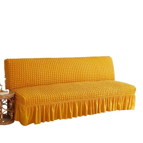 JHOMHF Dehnbarer Sofabezug ohne Armlehnen mit Rockdesign for faltbares Futon Schlafsofa Dicker weicher Stoff kratzfester Sofa Möbelschutz(Dark Yellow,Small) von JHOMHF