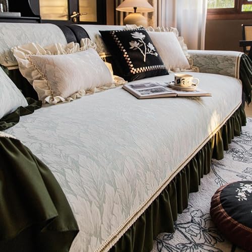 JHOMHF Eleganter kratzfester Couchbezug im französischen Vintage Stil Rutschfester Sofabezug aus Chenille Stoff mit Rock waschbare Möbelschutzdecke(Green,90 * 90cm/35.4 * 35.4in) von JHOMHF