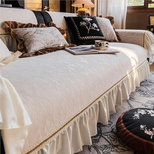 JHOMHF Eleganter kratzfester Couchbezug im französischen Vintage Stil Rutschfester Sofabezug aus Chenille Stoff mit Rock waschbare Möbelschutzdecke(White,90 * 70cm/35.4 * 27.5in) von JHOMHF