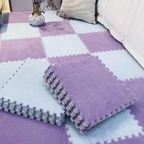 JHOMHF Extra Dicke Plüschschaum-Puzzle-Spielmatte 30 X 30 cm Ineinander Greifende Fliesen Maschinenwaschbar Weicher Teppich for Kinderzimmer Spielzimmer(Light Purple+Light Blue,18pcs) von JHOMHF