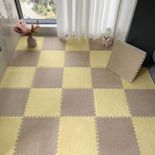 JHOMHF Extra Dicke Plüschschaum-Puzzle-Spielmatte 30 X 30 cm Ineinander Greifende Fliesen Maschinenwaschbar Weicher Teppich for Kinderzimmer Spielzimmer(Yellow+Light Coffee,12pcs) von JHOMHF